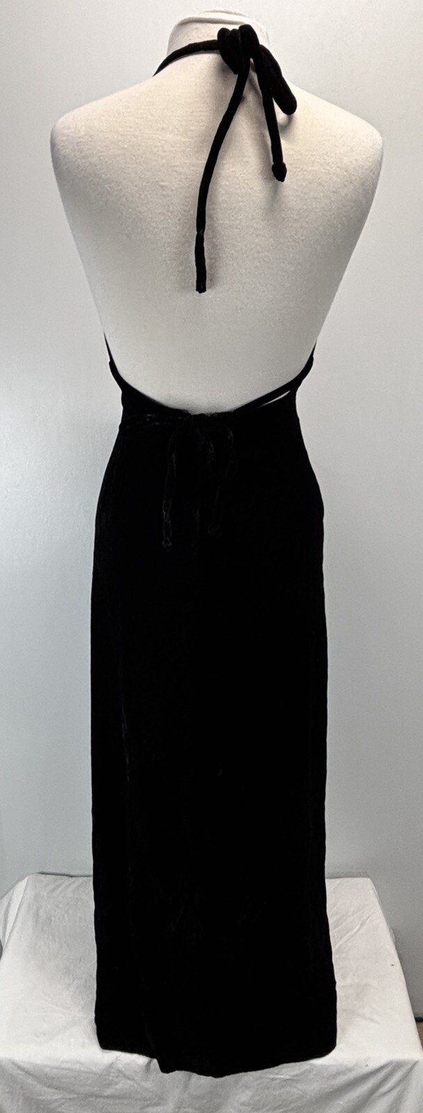 Vtg Black Velvet Halter Gown Unbranded Whimsigoth Front Center Slit 90s Y2K
