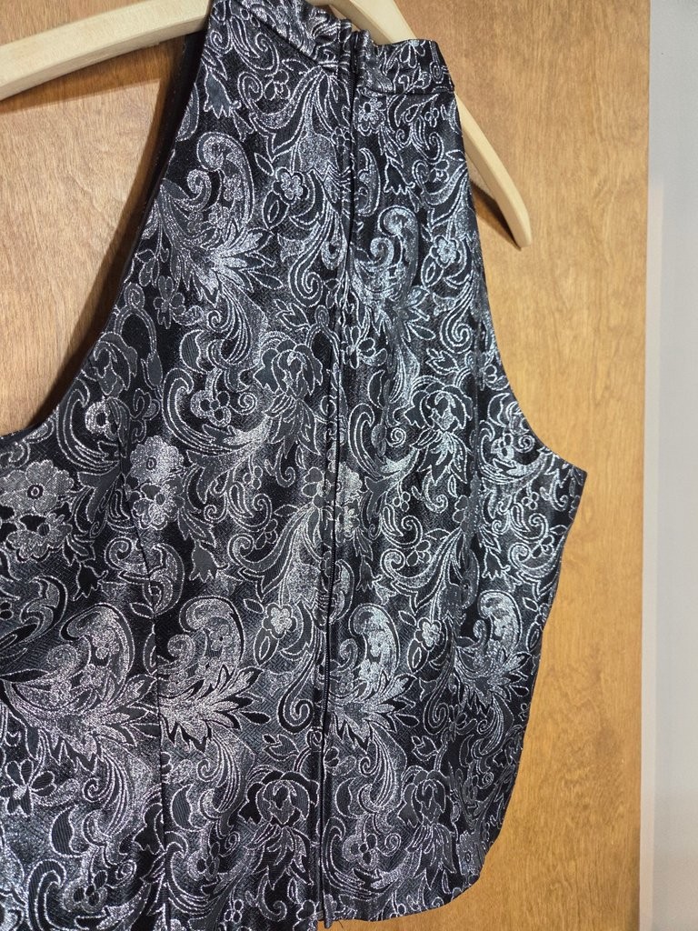 Michaelangelo Halter Top Black Silver Metallic Floral Brocade Vintage Crop