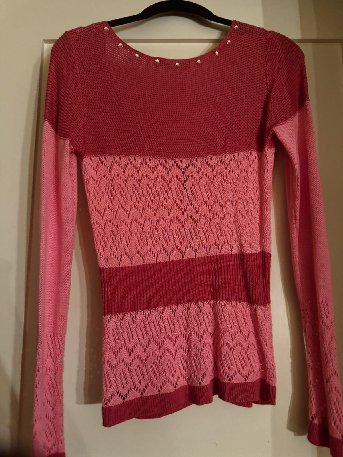 Vintage BETSEY JOHNSON NY Y2K Pink & Red Striped Lacy Cardigan With Rhinestones