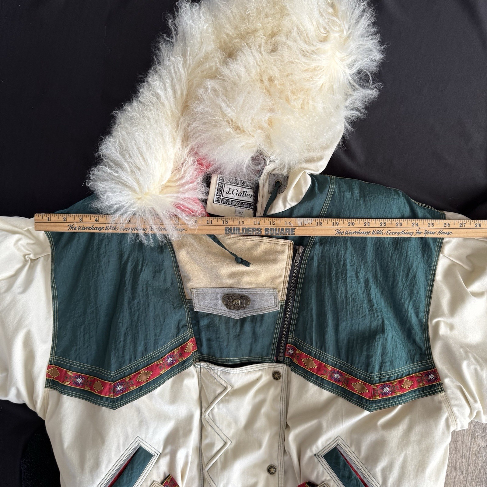 Vintage National Park J.Gallery Colorful Bomber Jacket Mongolian Lamb Fur Trim L