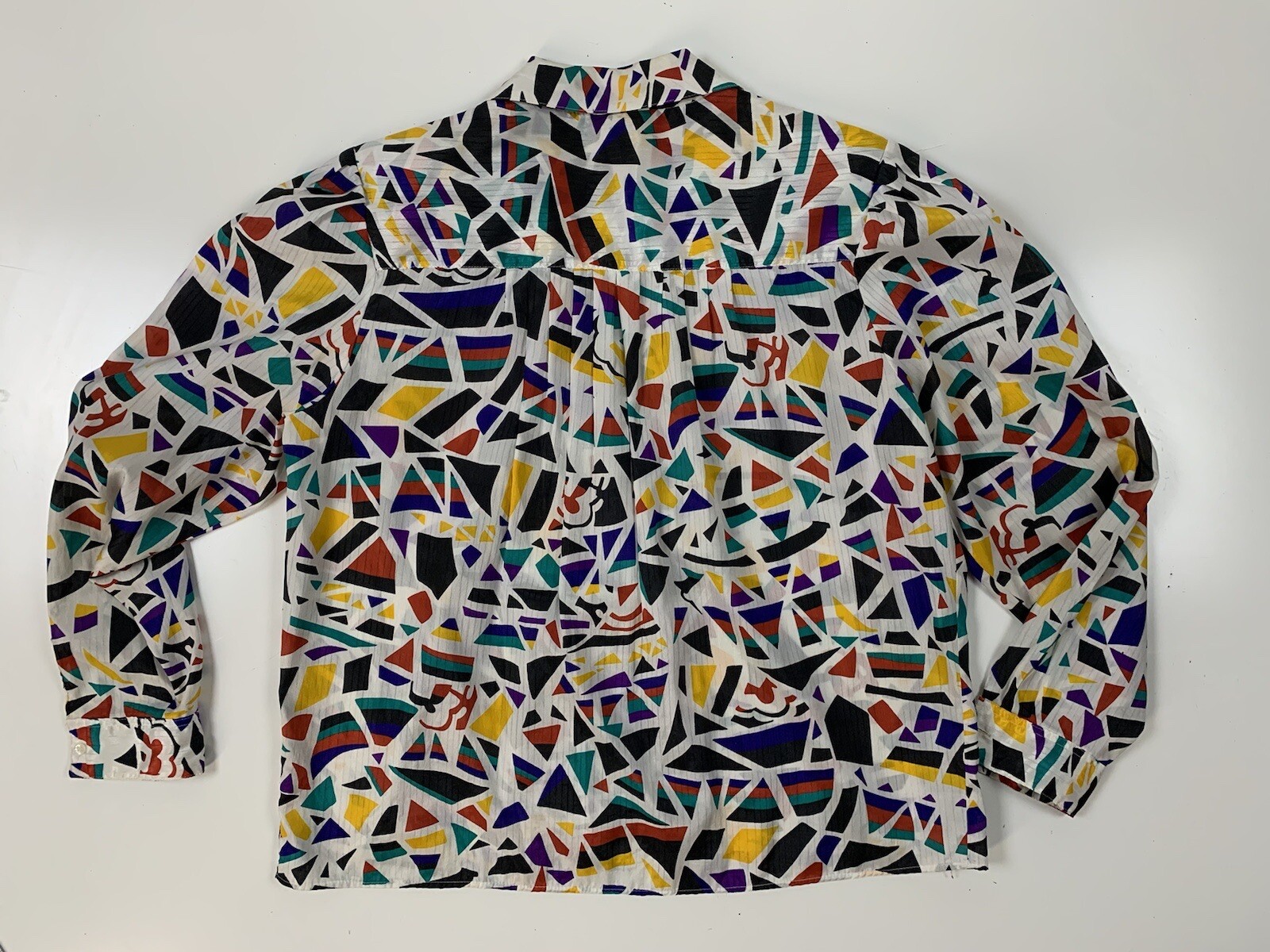 Vtg 80s Stewart Lang Blouse Multicolor Geometric Print Silky Poly Long Sleeve 16