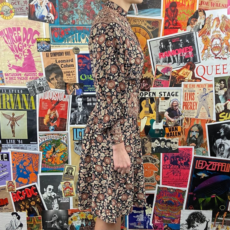 Vintage Women’s 70s Brown Floral Foxy Lady Long Sleeve Boho Western Dress Size 2