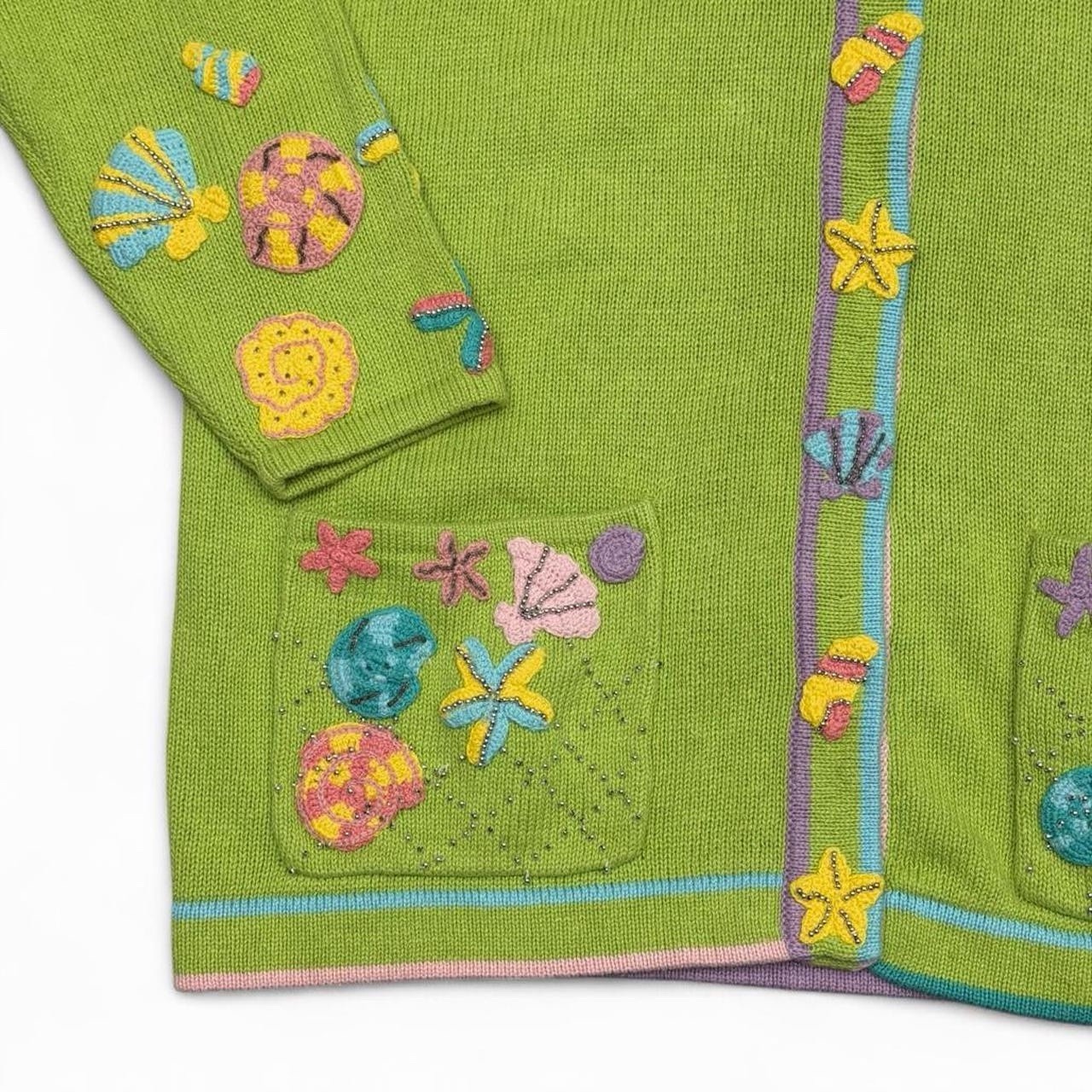Story Book Knits Sweater NWT Green Beaded Embellished Shells Nautical Ocean