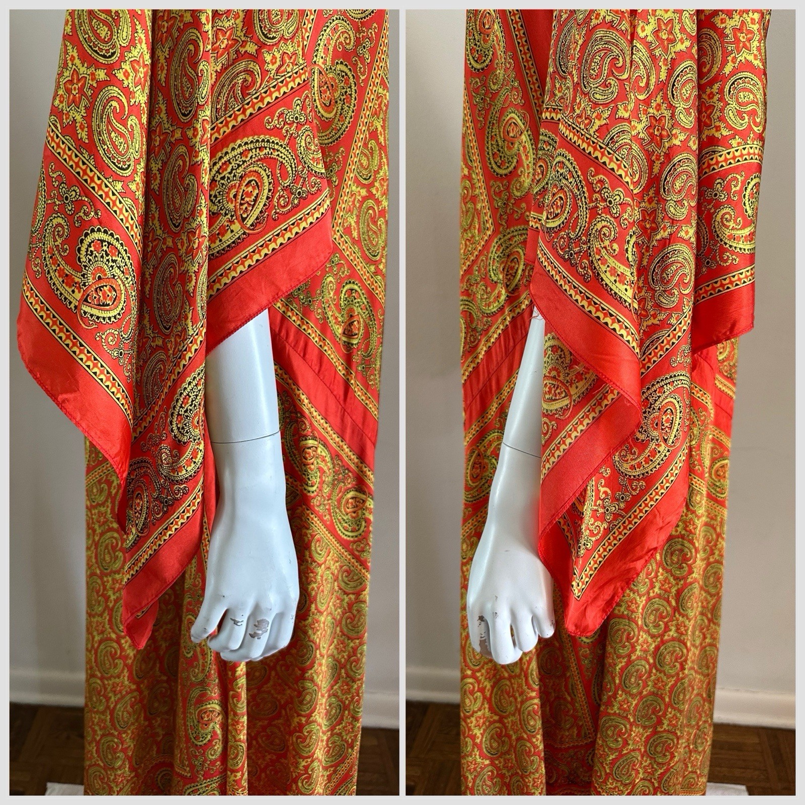 70s VTG Mexican Aramis Scarf Caftan Dress 63” Extra Long Tall Maxi Angel Sleeve