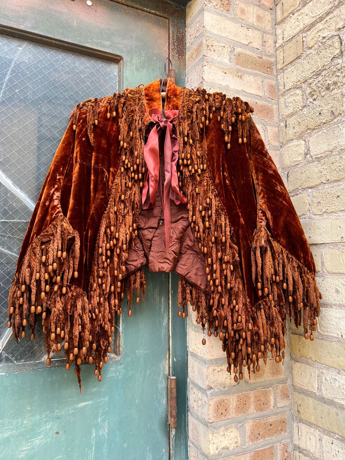 Antique Victorian Era Silk Velvet Tassel Bodice Womens 1890s 1900s Burnt Sienna