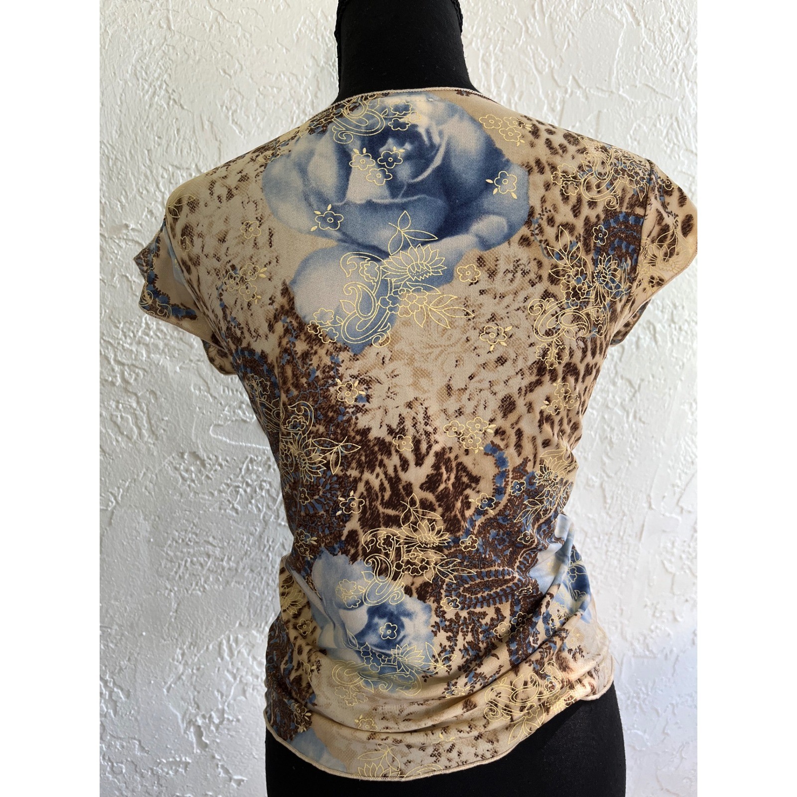 Vintage Rave Y2K Mixed Print Top Blue Rose Leopard Paisley V-Neck Tie Front M