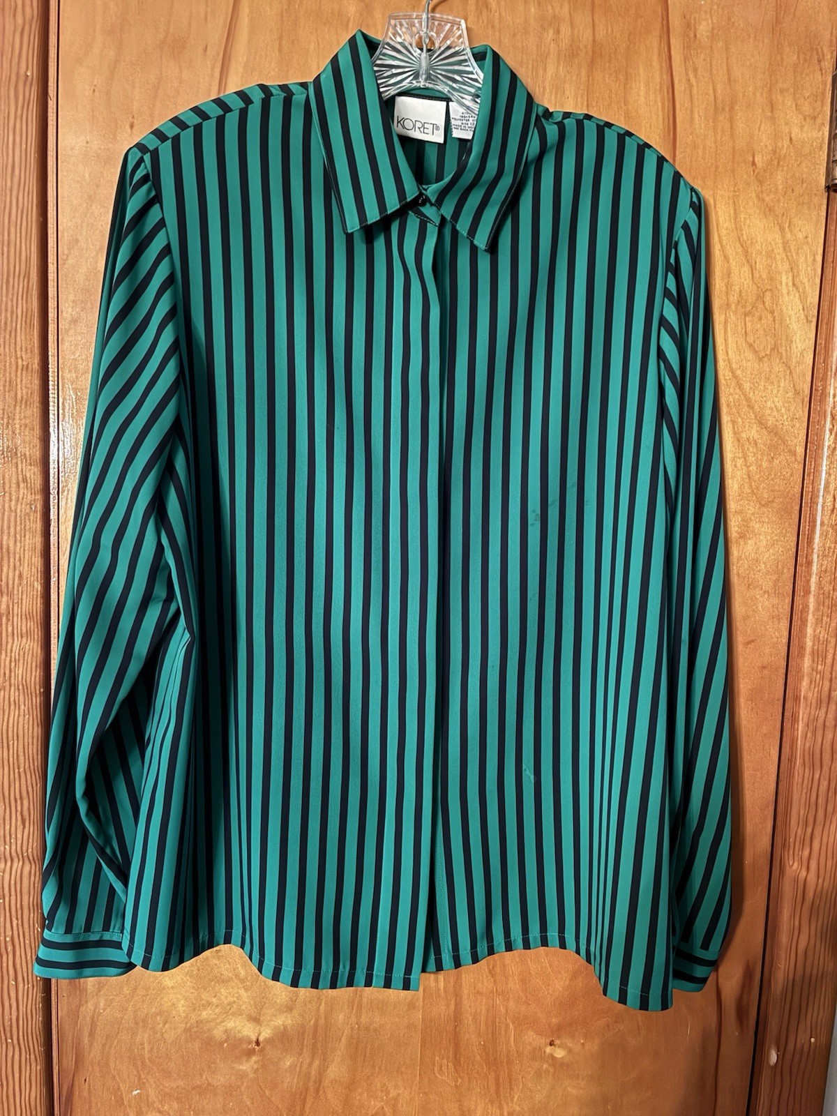 VTG Koret Green Black Stripe Long Sleeve Button Blouse Shirt Size 12