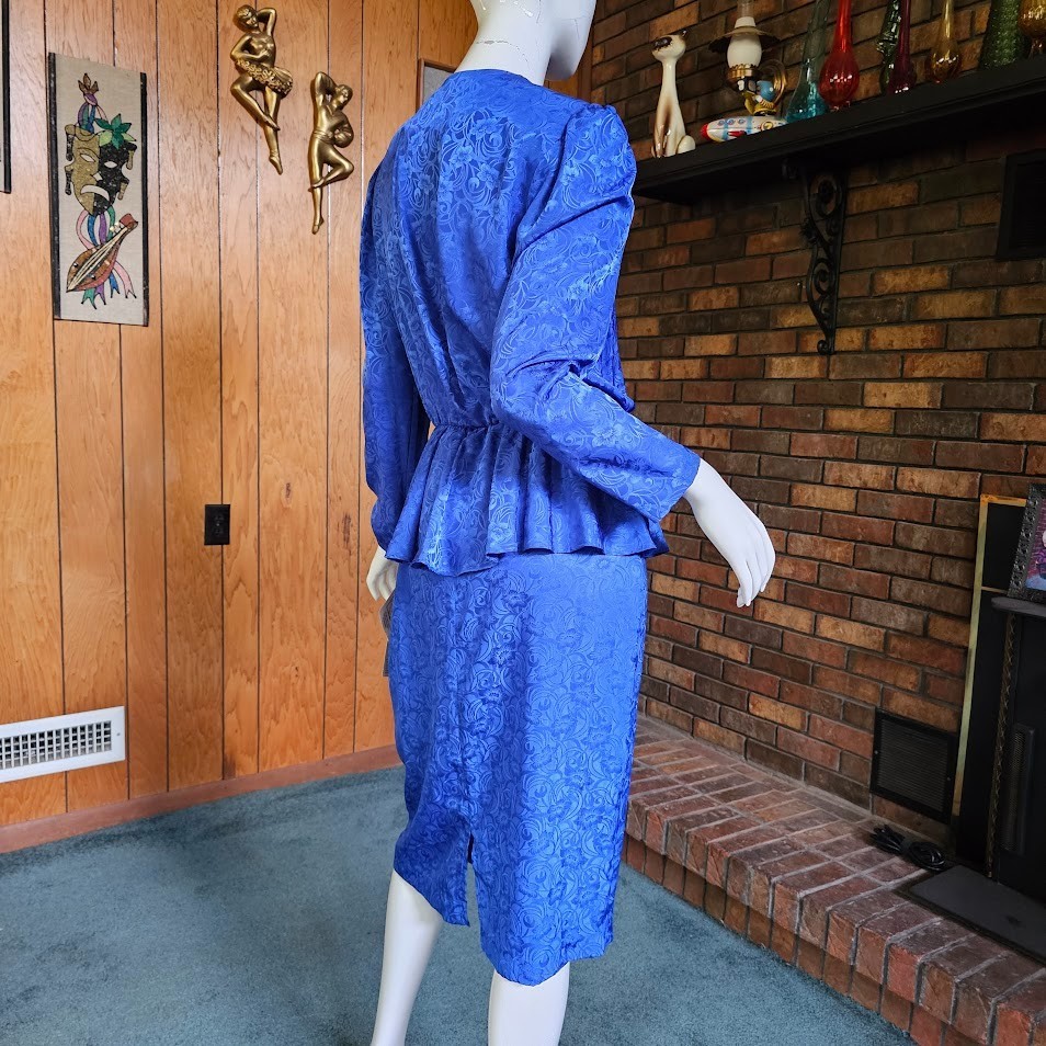 Vtg NOS 80s Sapphire Blue Jacquard Plunging Surplice Peplum Power Suit Dress M