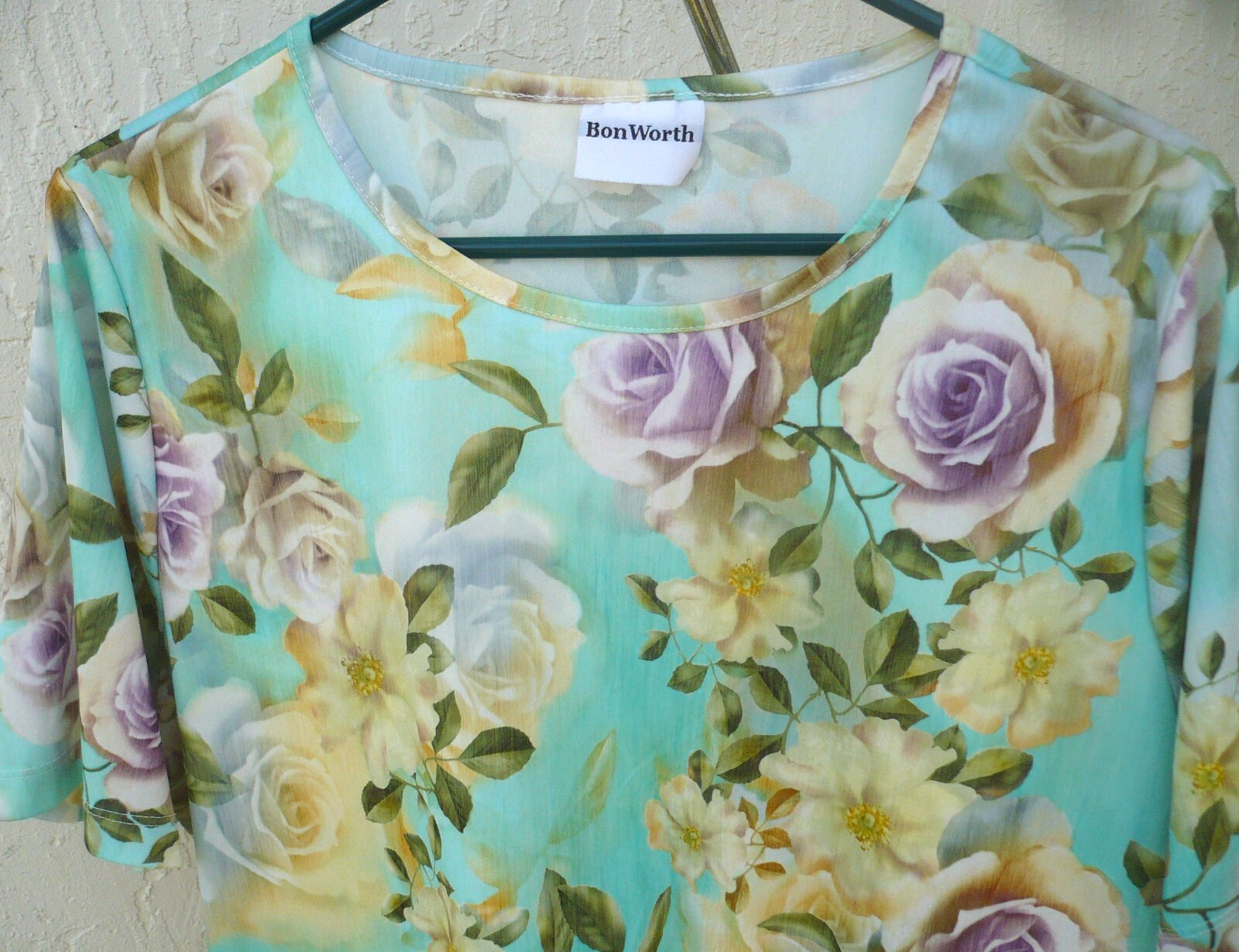 VTG USA BON WORTH L WILD YELLOW PURPLE ROSES GREEN BLOUSE FLORAL SHORT SLV WOMEN