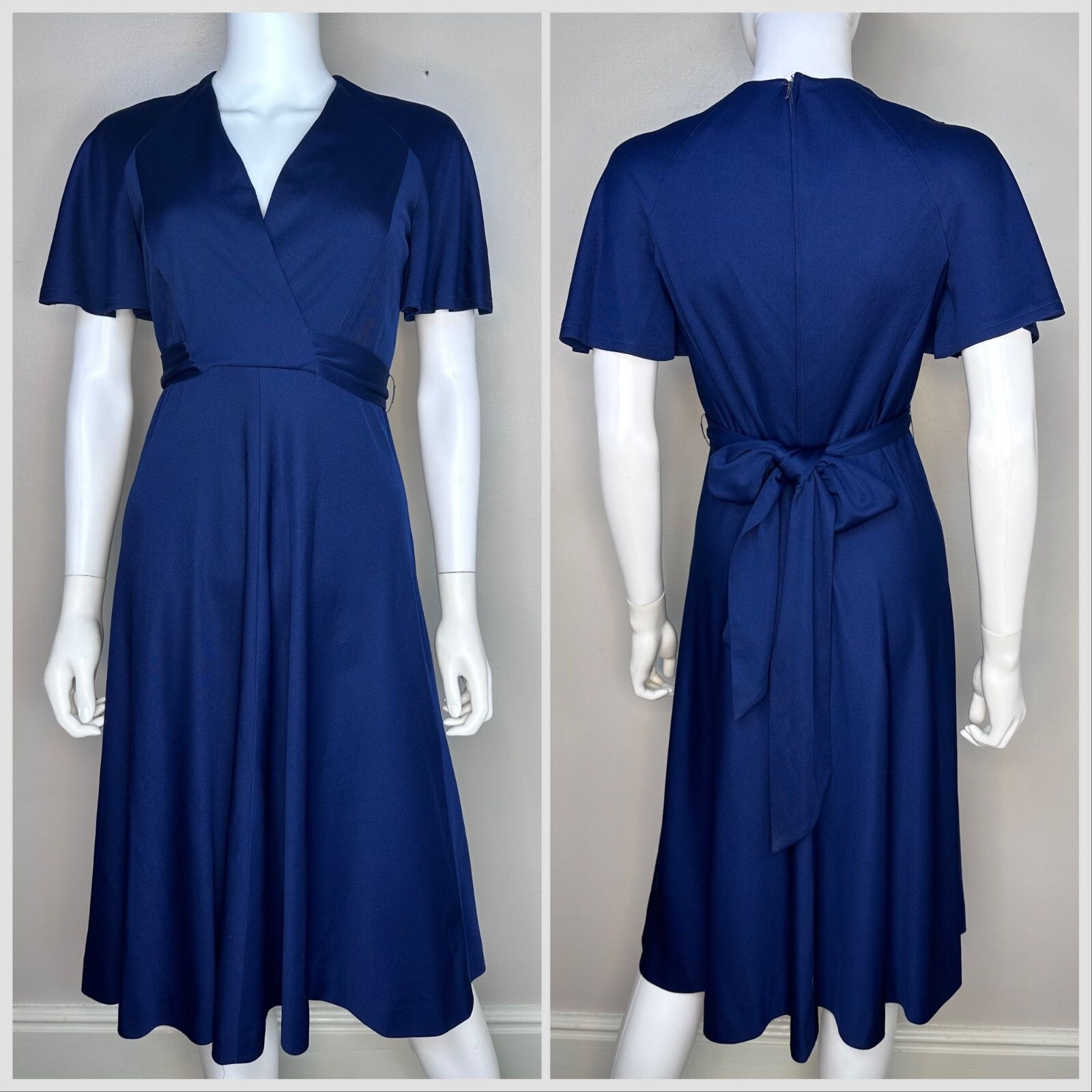 Vintage 1970s Navy Blue Wrap Dress Flutter Sleeves 70s Eleanor Brenner Couture