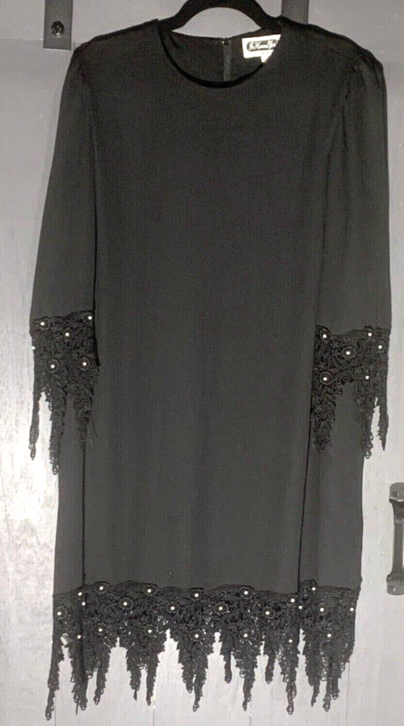 Vintage Jo Hanna York By Joan Davis Dress Black Cocktail with Lace Trim Sz 18