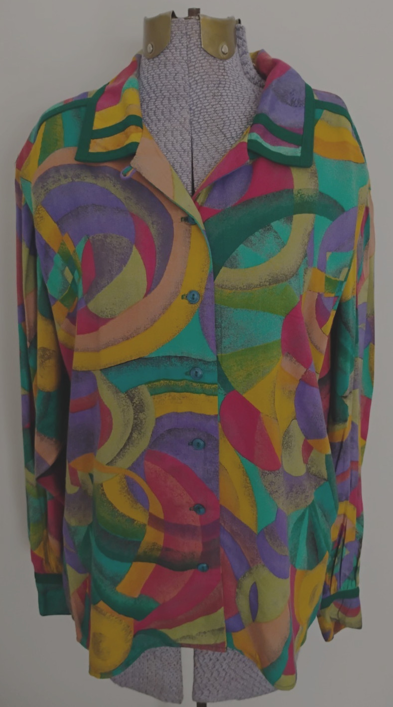 VTG 80s Blouse Shirt HOWARD WOLF 8/10 Graphic Print Contemporary Secretary Geek