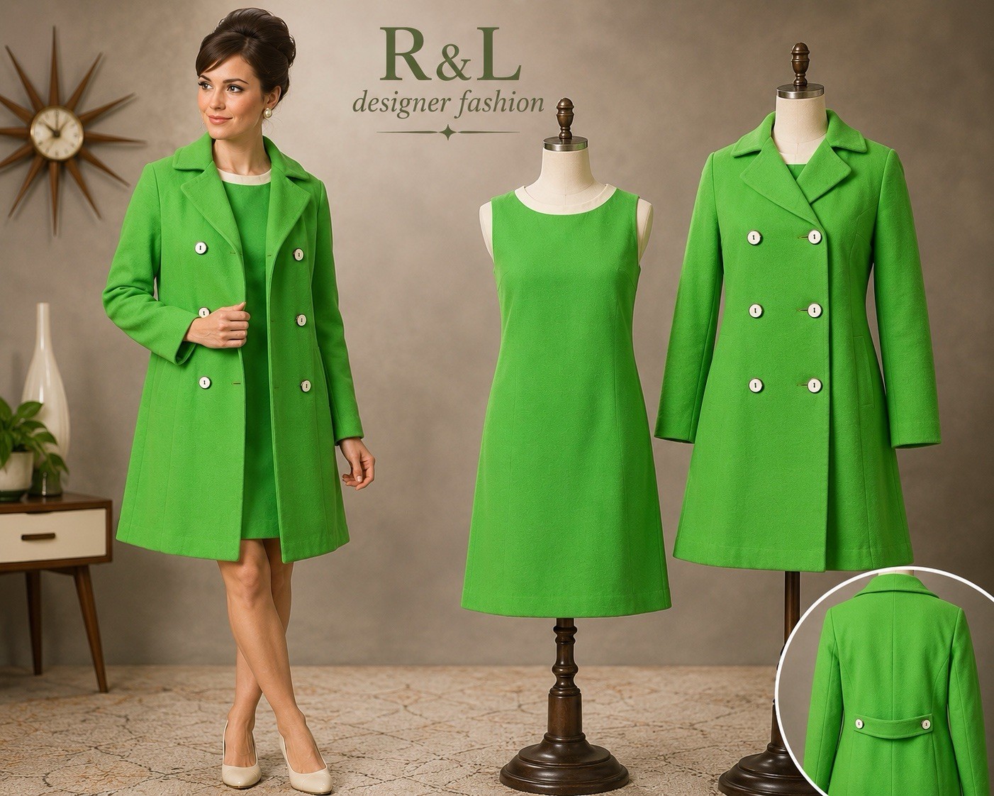 Vintage 60s R&L Green Mod Dress Matching Coat Set Womens 10 Go Go Jackie O