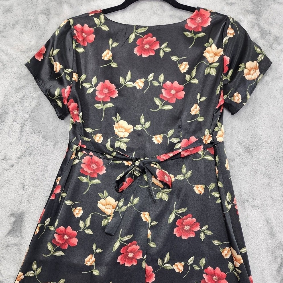 Vintage D.B.Y. LTD Dress Women 7 Juniors Black Floral Satin Tie Back Mini Grunge