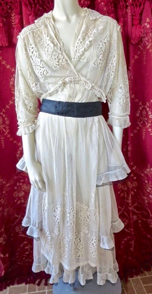 ANTIQUE 1910s Titanic Era Net & Lace Tiered Dress Embroidery Original Belt