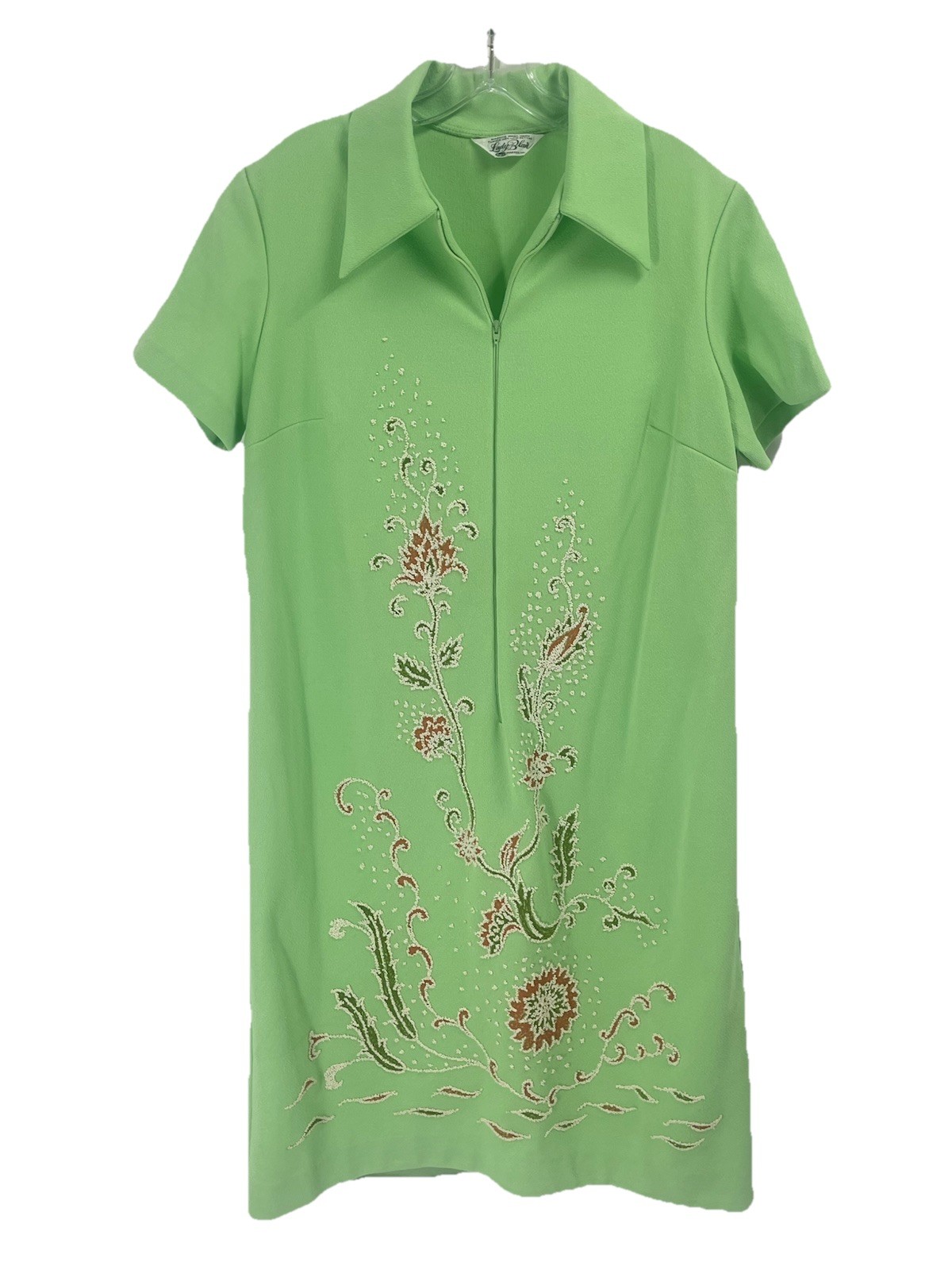 Vtg 70s Lady Blair Mint Green House Dress Beaded Short Sleeve Midi Sz Medium