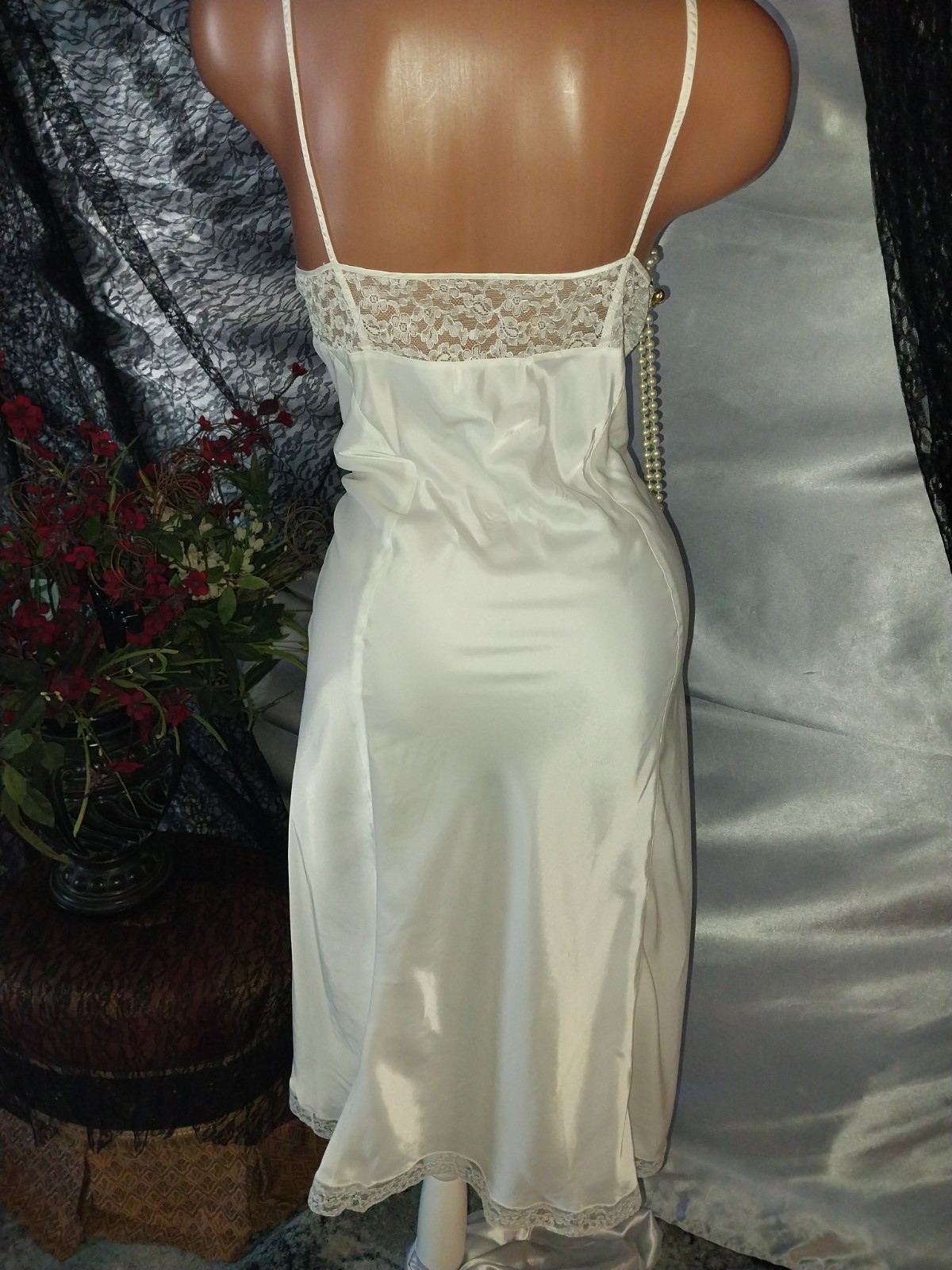 VTG 40’S SATIN CHANTILLY LACE DECO DOWTON DRESS SLIP NIGHTGOWN EDWARDIAN LACE S