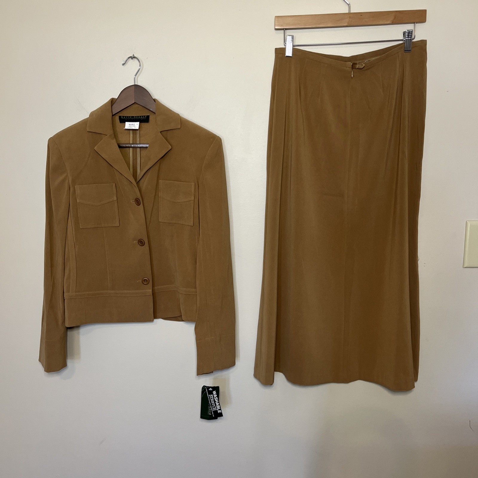 Vintage New Harve Bernard Skirt Jacket Suit Set Camel Tan Y2K Career Sz 6/8