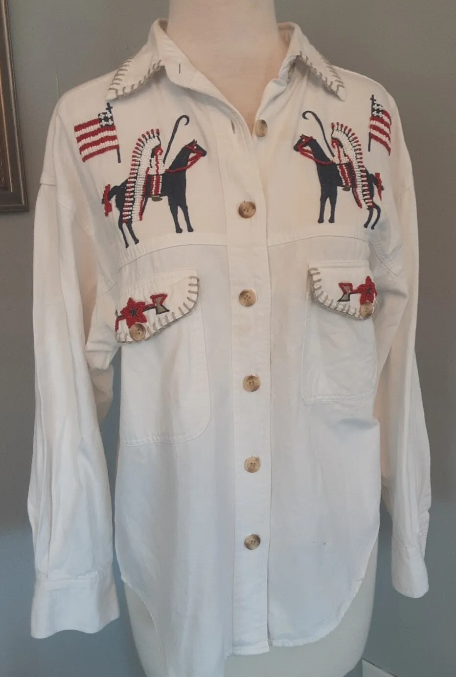 VTG/RARE•BEADED WESTERN SHACKET•INDIAN CHIEFS•HORSES•FLAGS•SZ S-M•CAMBRIDGE CO.
