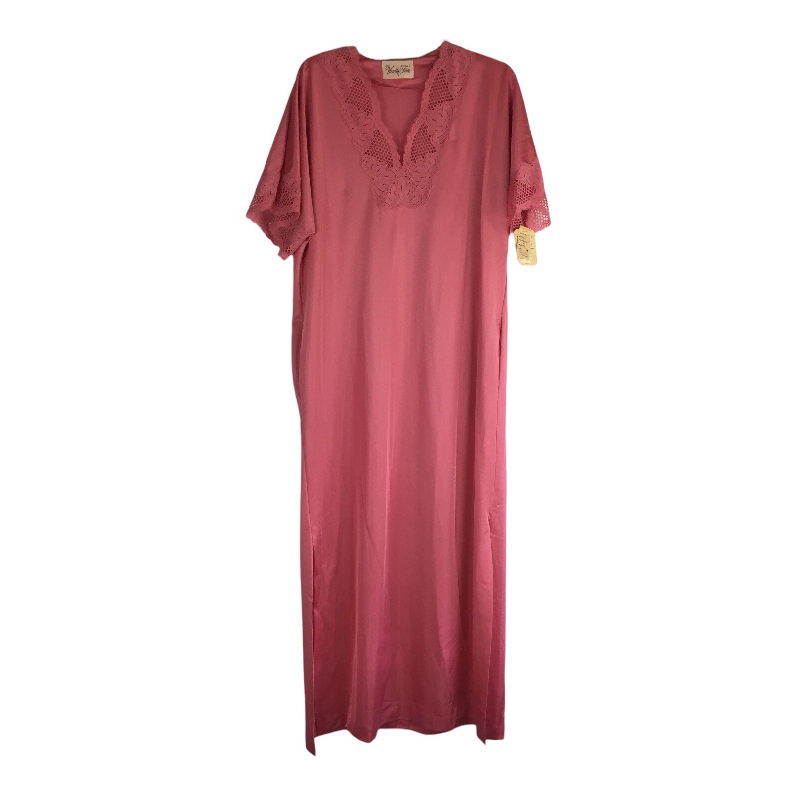 NOS VTG VANITY FAIR SIZE M Dacron/Nylon Nightgown Long Lace Trim Pink 70s Pocket