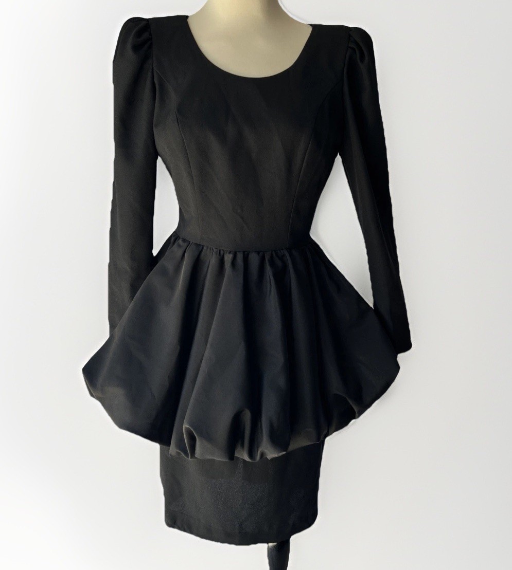 Vintage Huey Waltzer Darcy 80s Glam Party Black Bubble Skirt Long Sleeve Black
