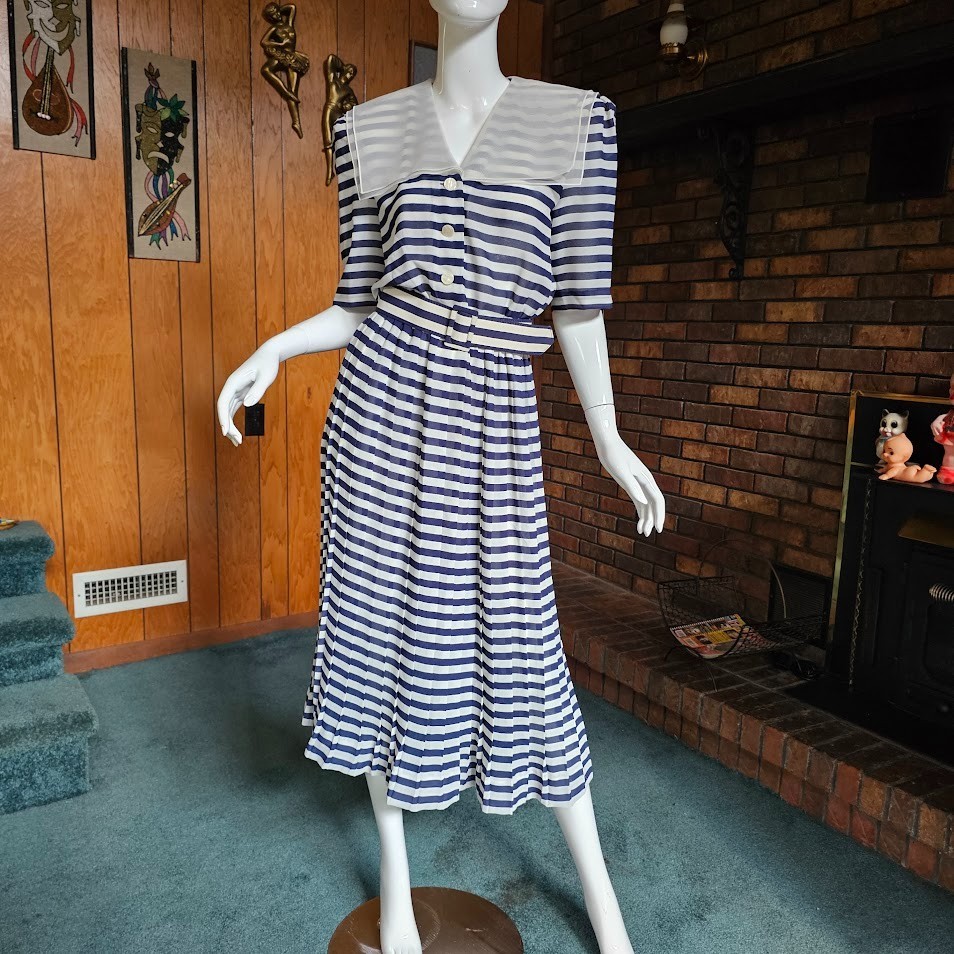 Vtg 90s Naughty Nautical Stripe American Preppy Sheer Chiffon Blouson Dress M/L