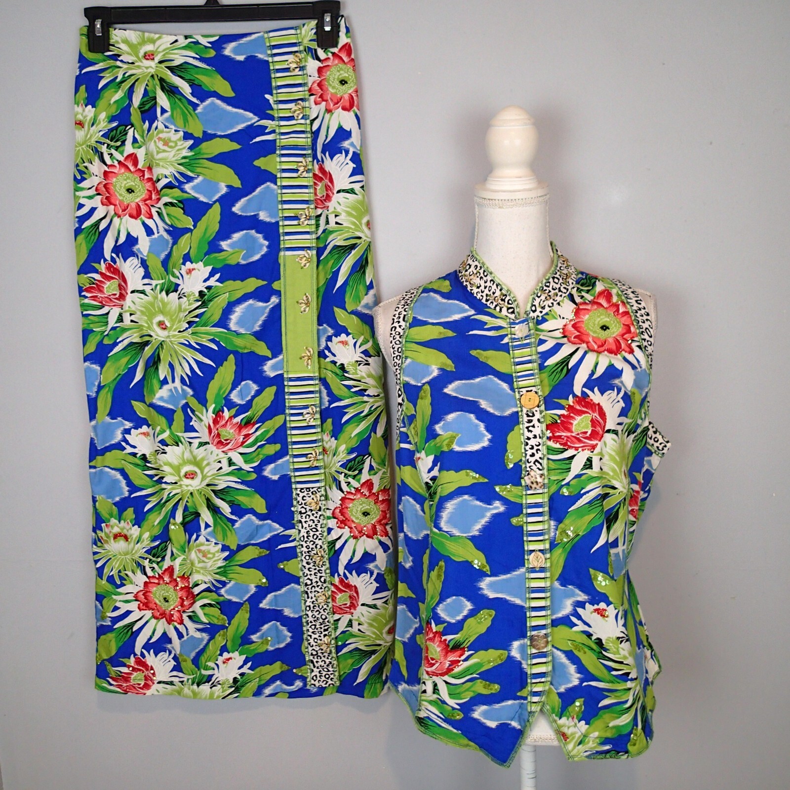 FAITH by Celia Forrester Set S Top Skirt Tropical Floral Shirt hawaian blue