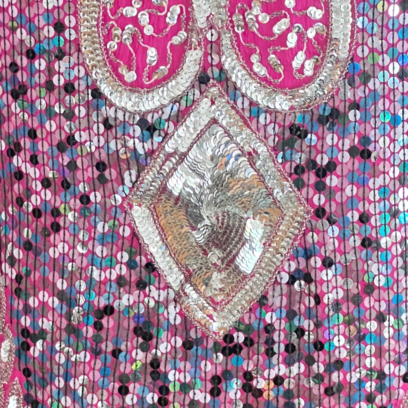 Vintage Sequin Top Women Medium Pink Silver Beaded Silk 80s Glam Disco Party