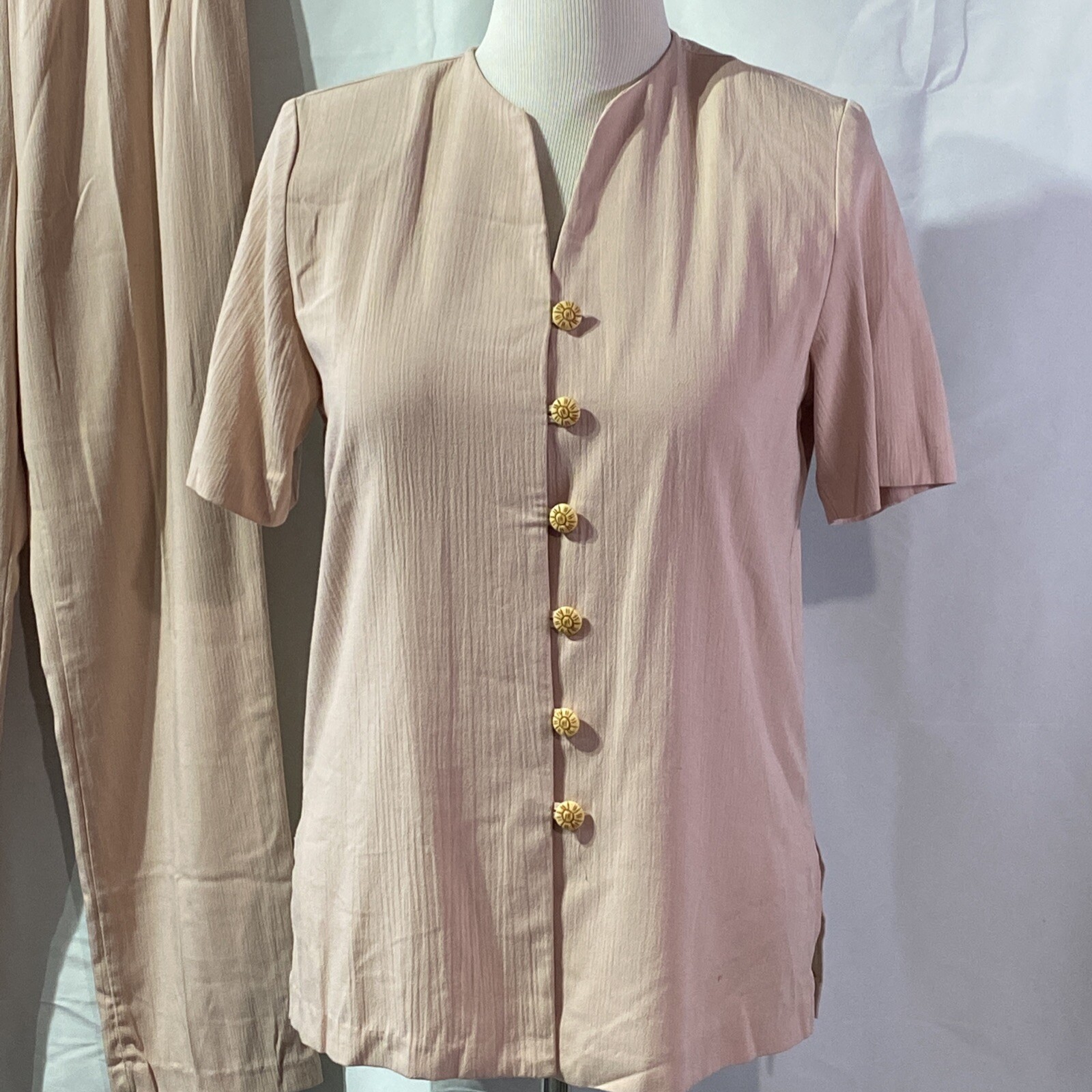 Pale Pink Pants Blouse VTG size 10P Two Twenty Button USA Petite Pantsuit Set
