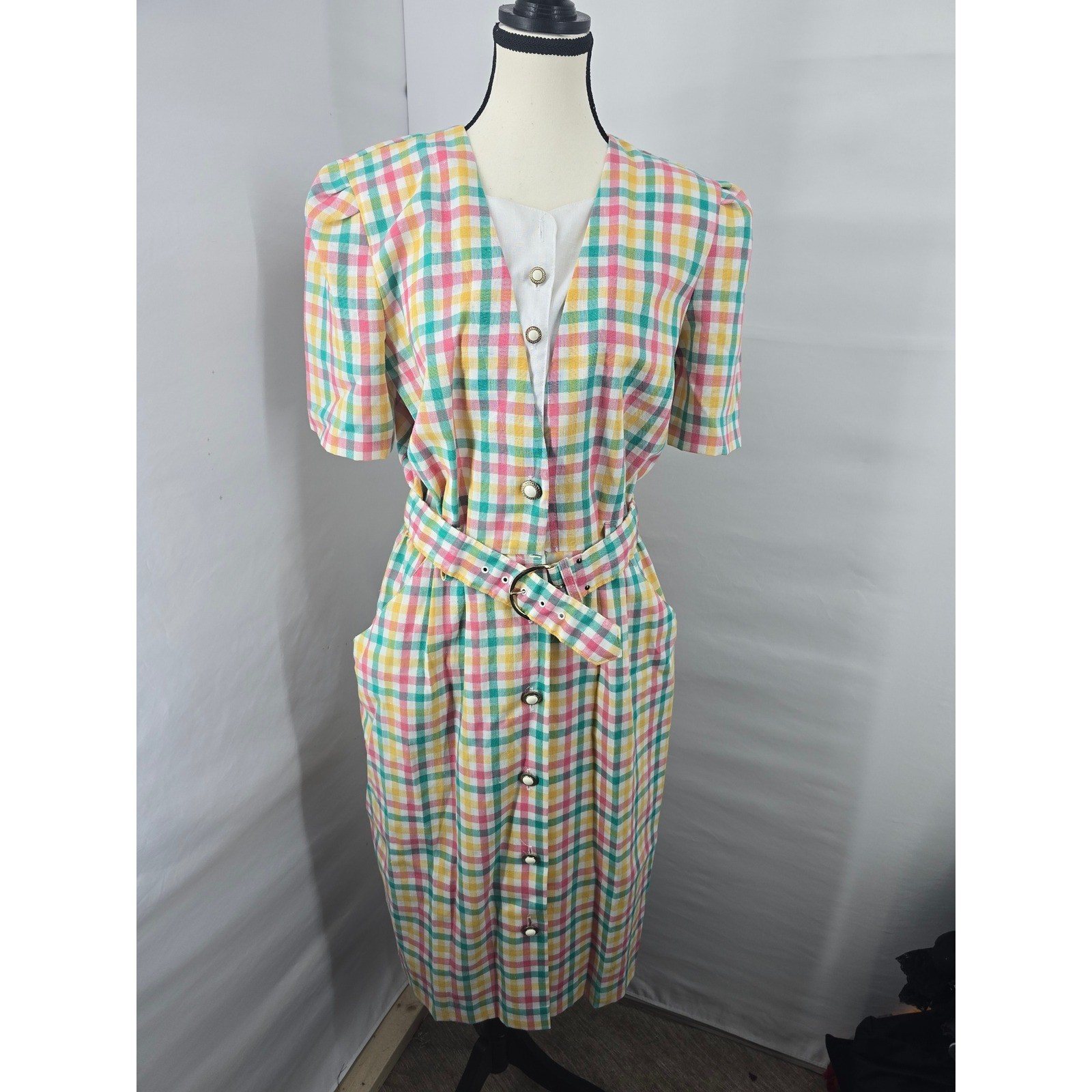 Vintage Periwinkle Gingham Plaid Belted Midi Dress Pastel Pink Yellow Green 14