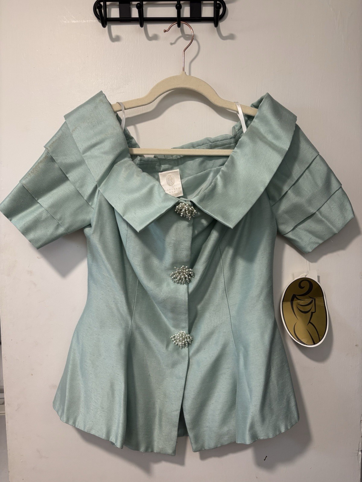 VINTAGE Watters And Watters Aqua Off Shoulder Pleated Peplum Top Jacket NWT Sz 6