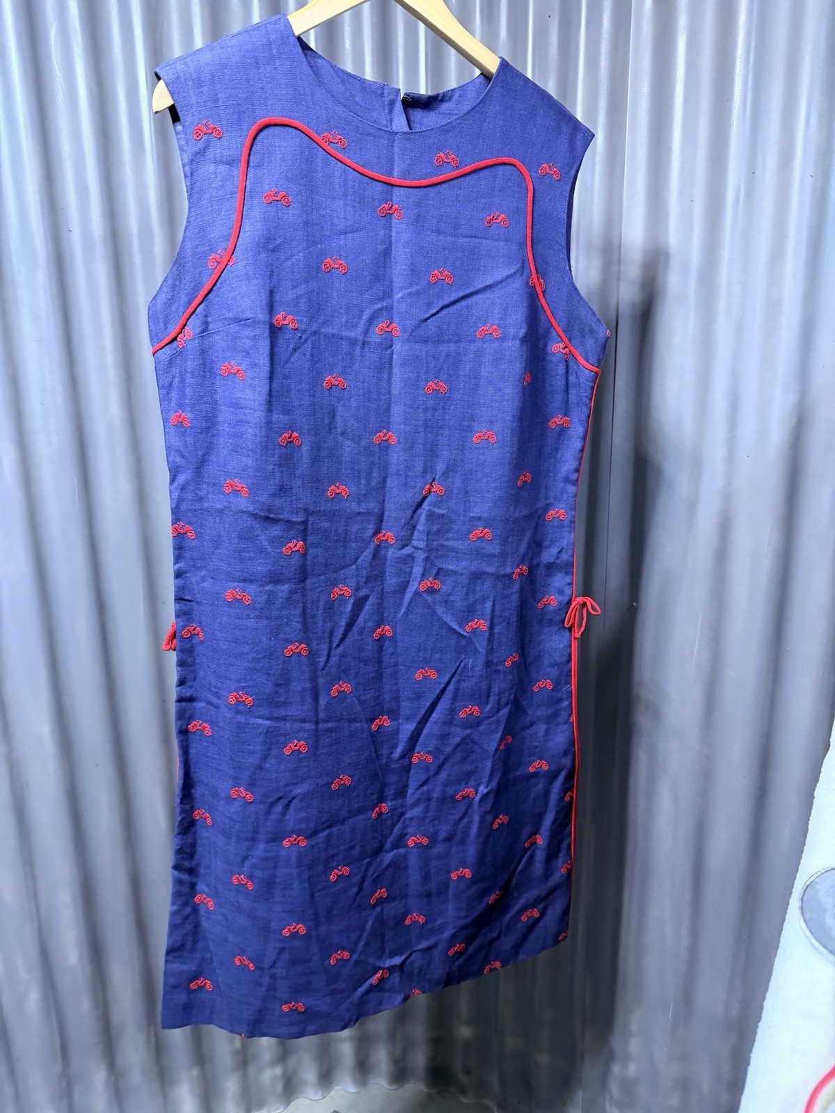 VTG Rare Abercrombie & Fitch Linen Shift Dress Navy Embroidery Scooterz USA 16 L