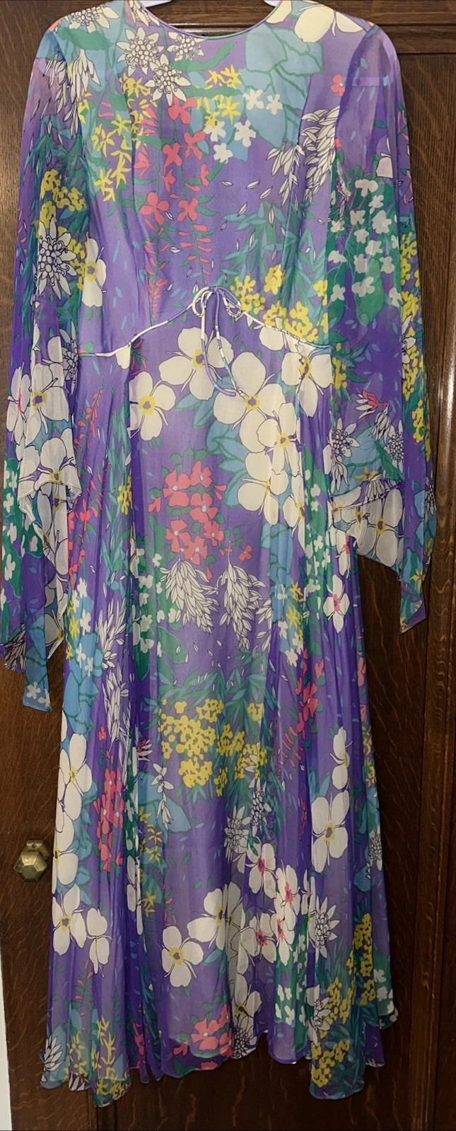 Vintage 60s 70s Parues Feinstein Flowy Flower Purple Long Dress Floral Sheer
