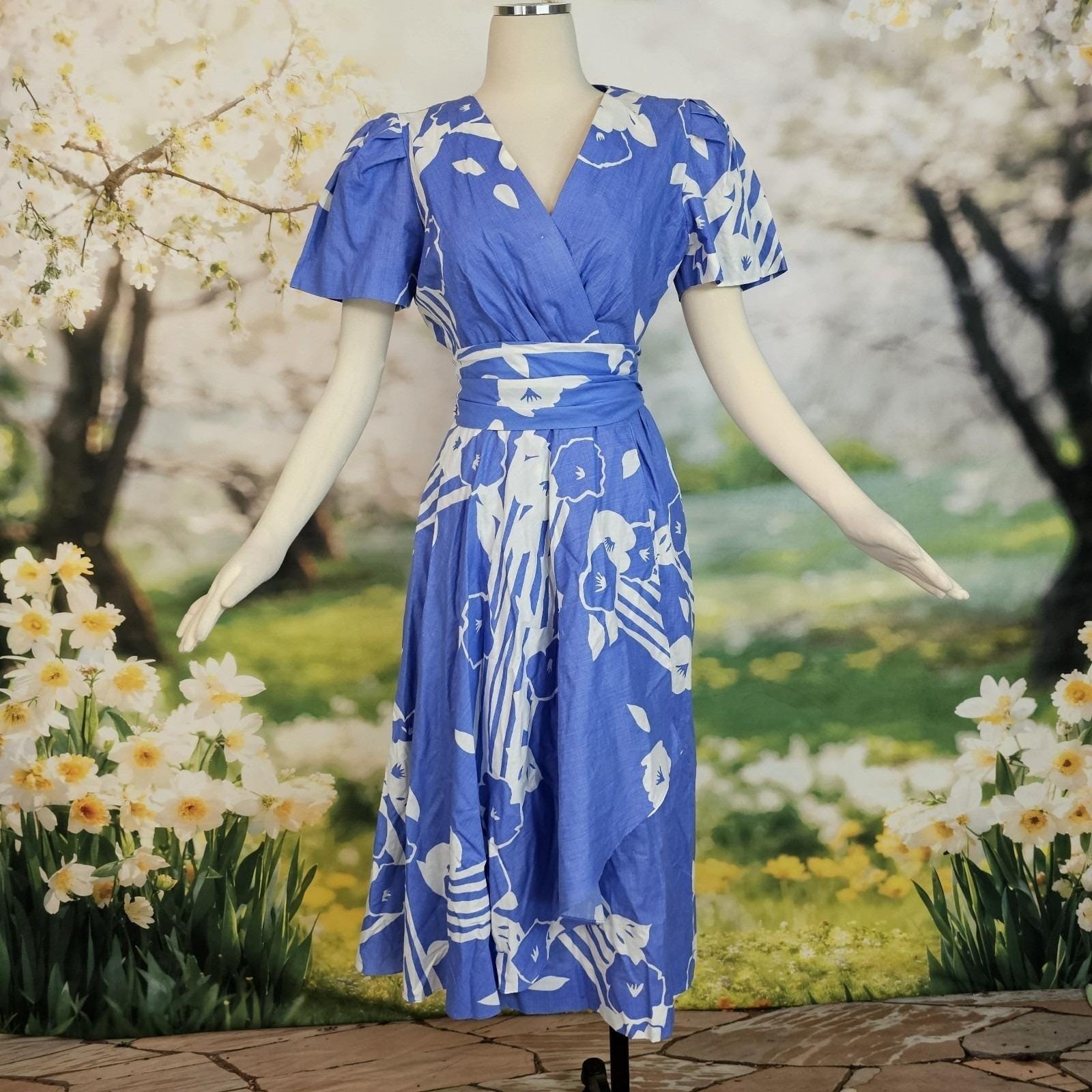 Vintage Faux Wrap Style Dress Sky Blue White Floral Print Fluttery Sleeves Gown