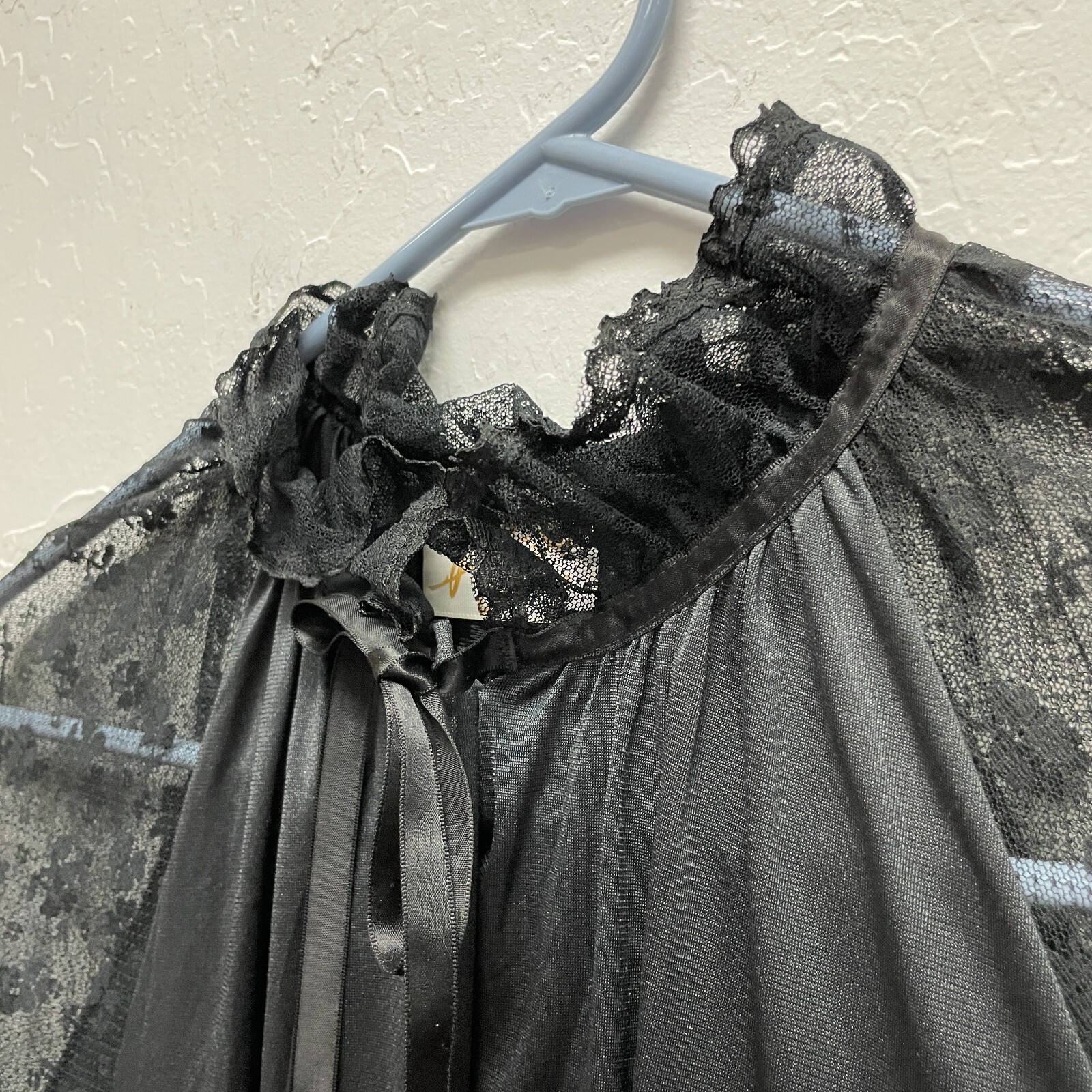 Vtg Jolie Two Nylon Hostess Robe JC Penney Sheer Lace Sleeve M Ruffle Long Black