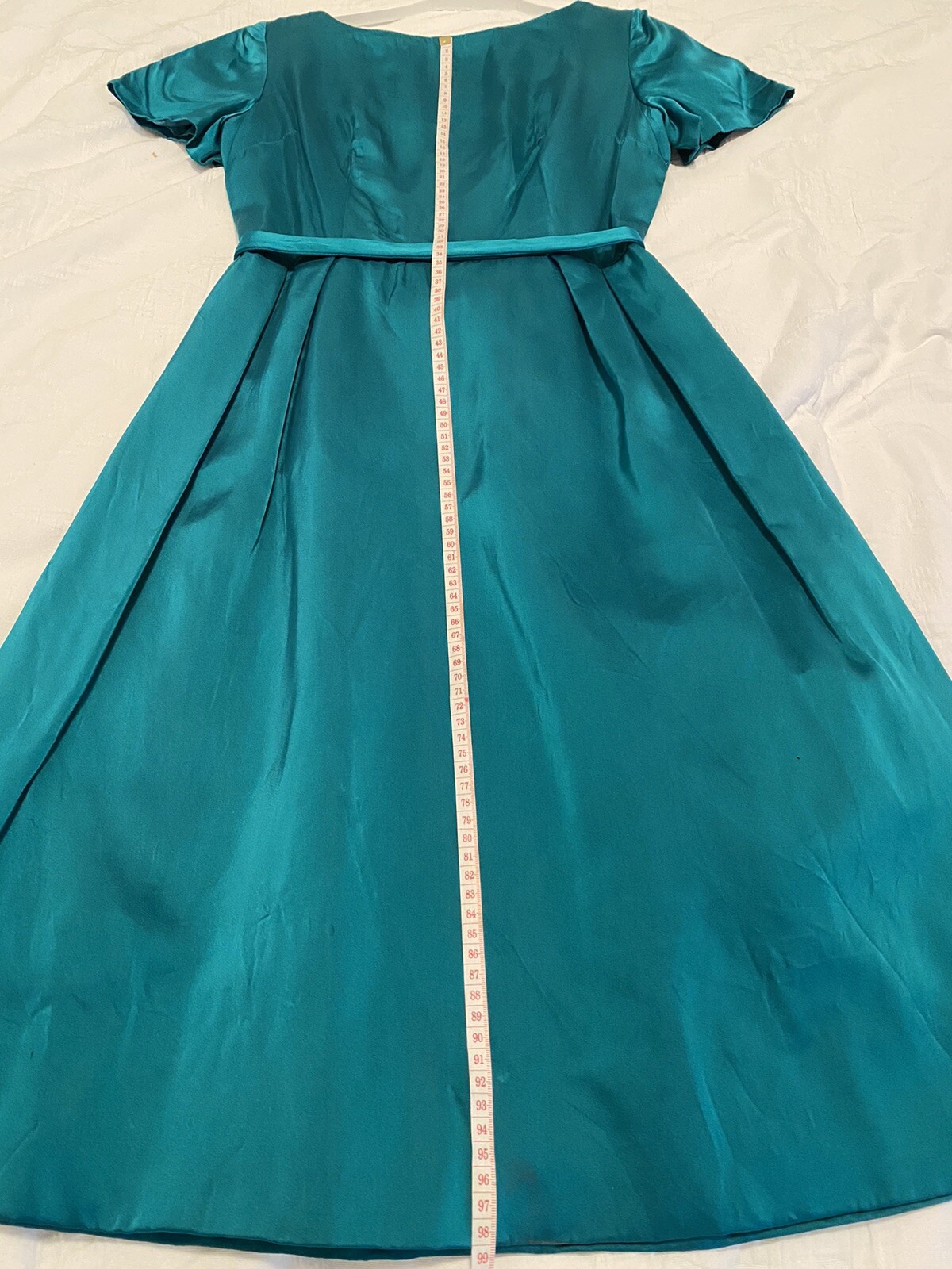 50s 60s VTG Dress Teal AU Sz 8 Satin Short Sleeve Boat Neck Formal Prom A Line