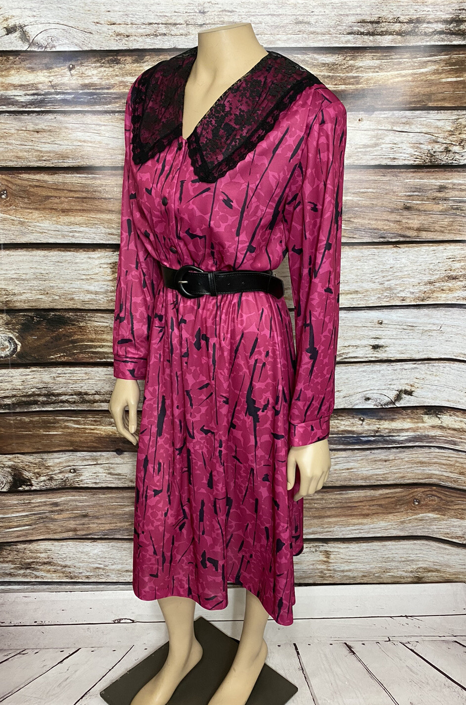 Vintage New Dress Pink Black Lace Trim Belted Size 12 Ina Carol Costume Dress Up