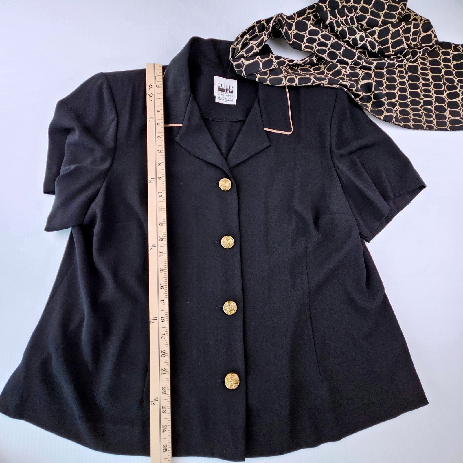 Leslie Fay Vintage 3 Piece Set Black Geometric Skirt Suit Scarf 18WP Secretary