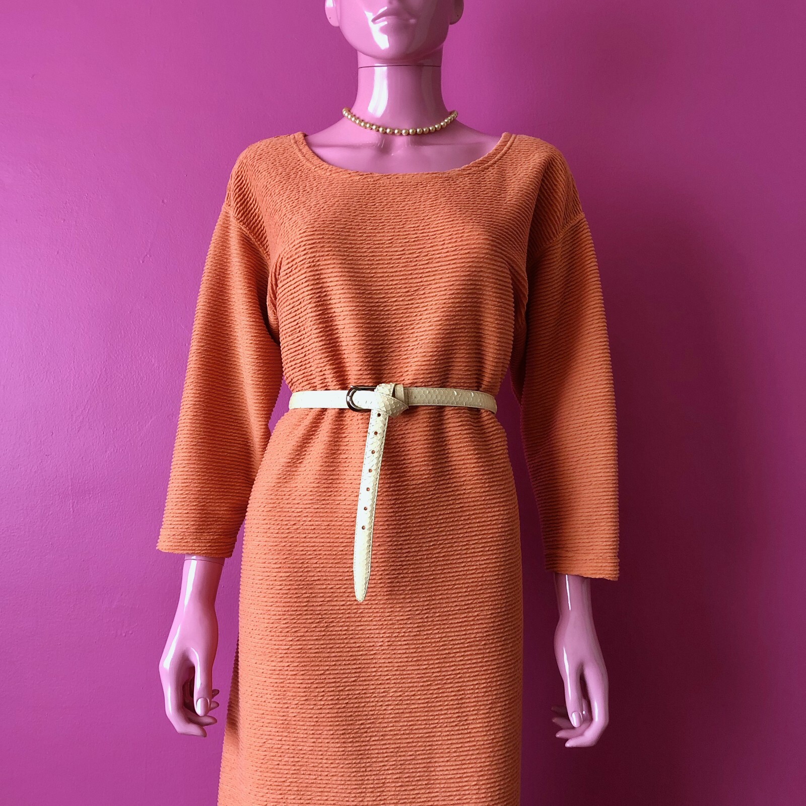 Vintage 90s M Peach Sweaterdress Midi Textured Ribbed Knit 3/4 Sleeve Scoop Neck