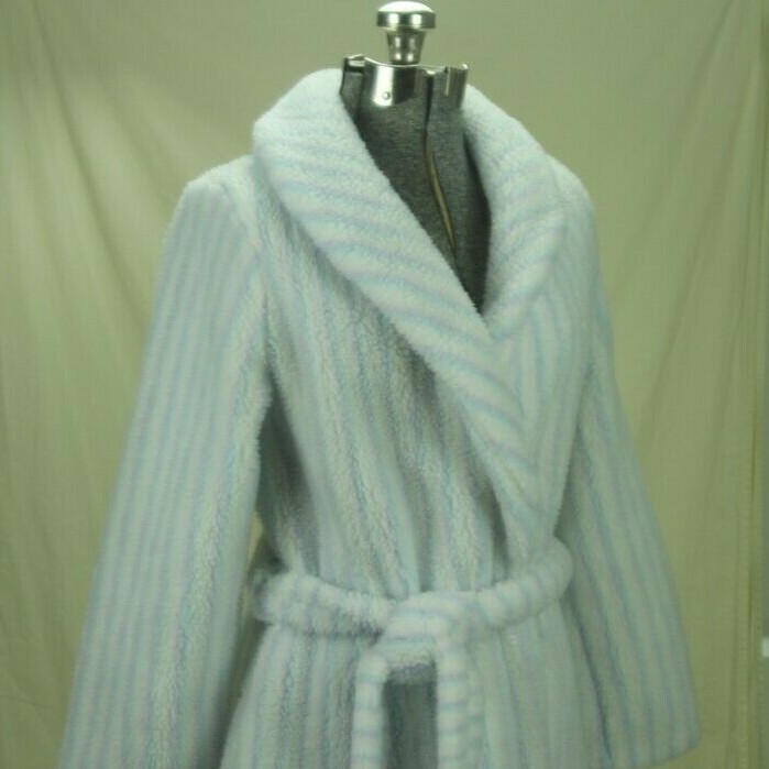 Vintage 80s Borg Plush Robe Small Deep Pile Fleece White Pastel Stripe Fluffy