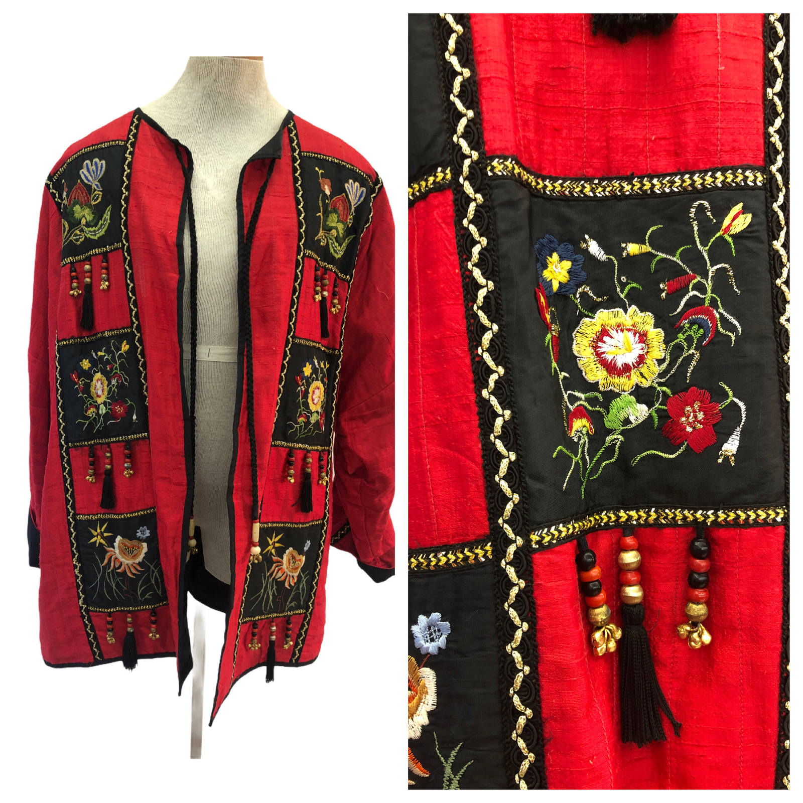 Vintage 1980s Judith Ann Resort Red Silk Beaded Embroidered Duster