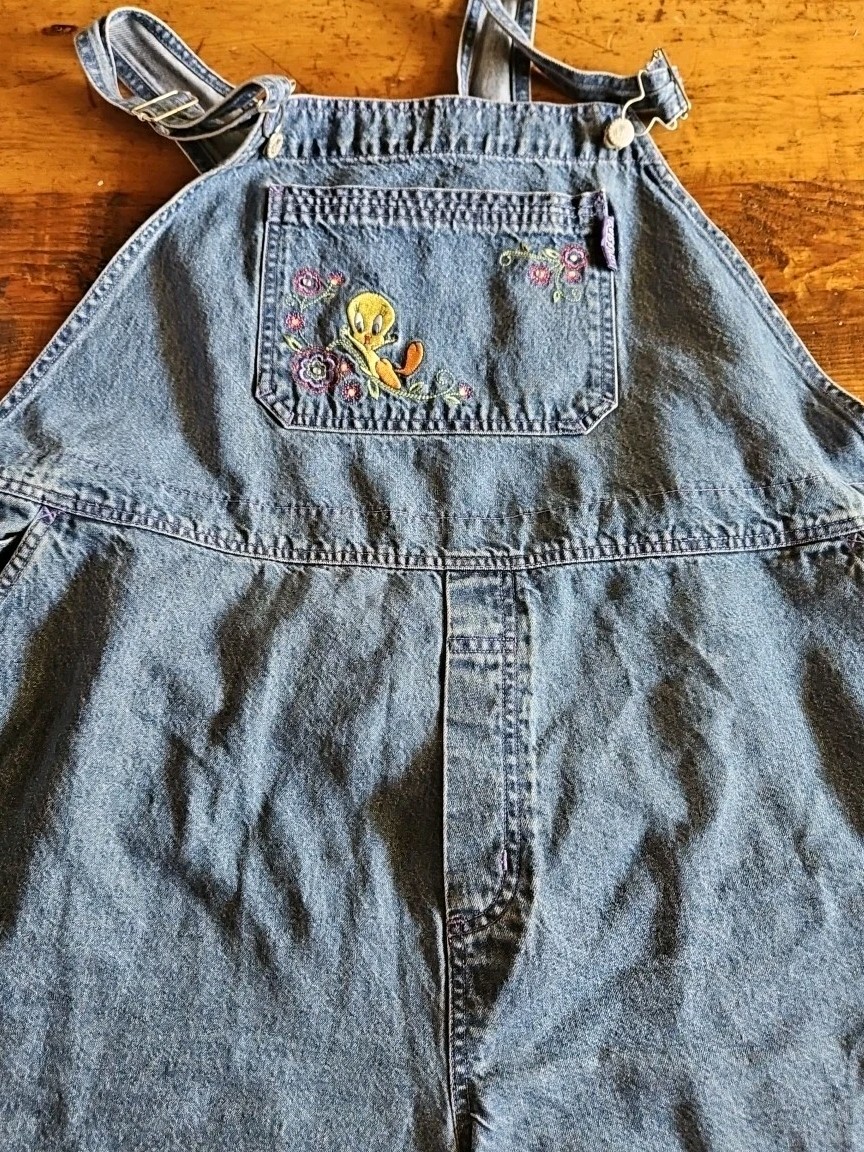 Vntg Looney Tunes Denim Overalls 24/26W Tweety Womens Shorts Romper Summer 3x