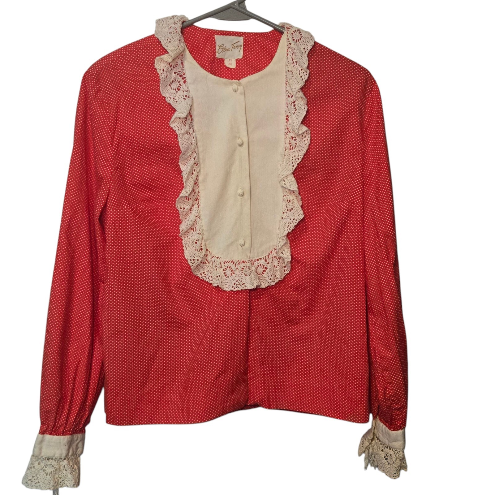 Vintage Ellen Tracy Womens Blouse Button Down Top Polka Dot Lace Collar Wrist 15