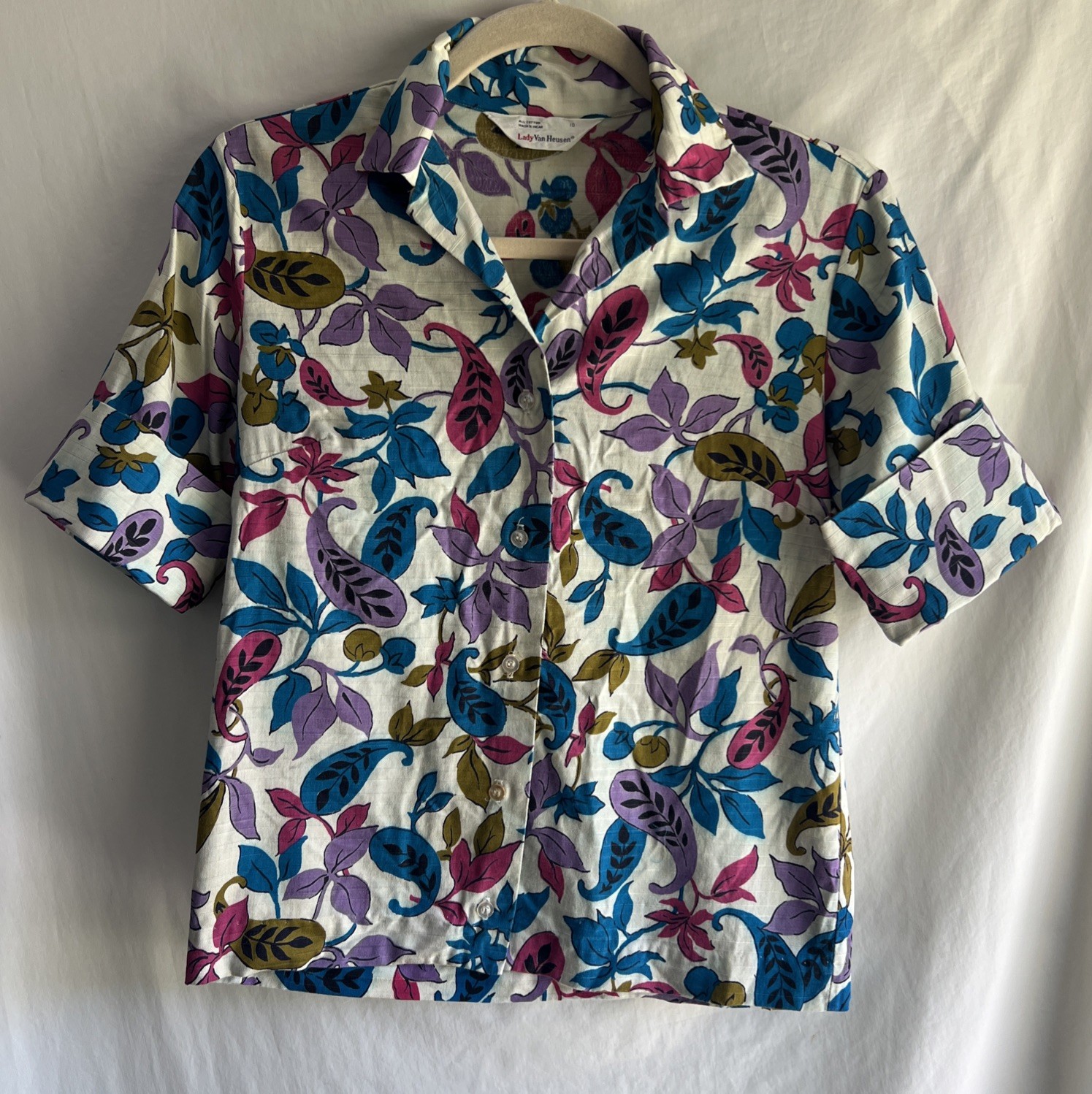 1960s Lady Van Heusen Wash N Wear Floral Paisley Button Up Blouse Size 10