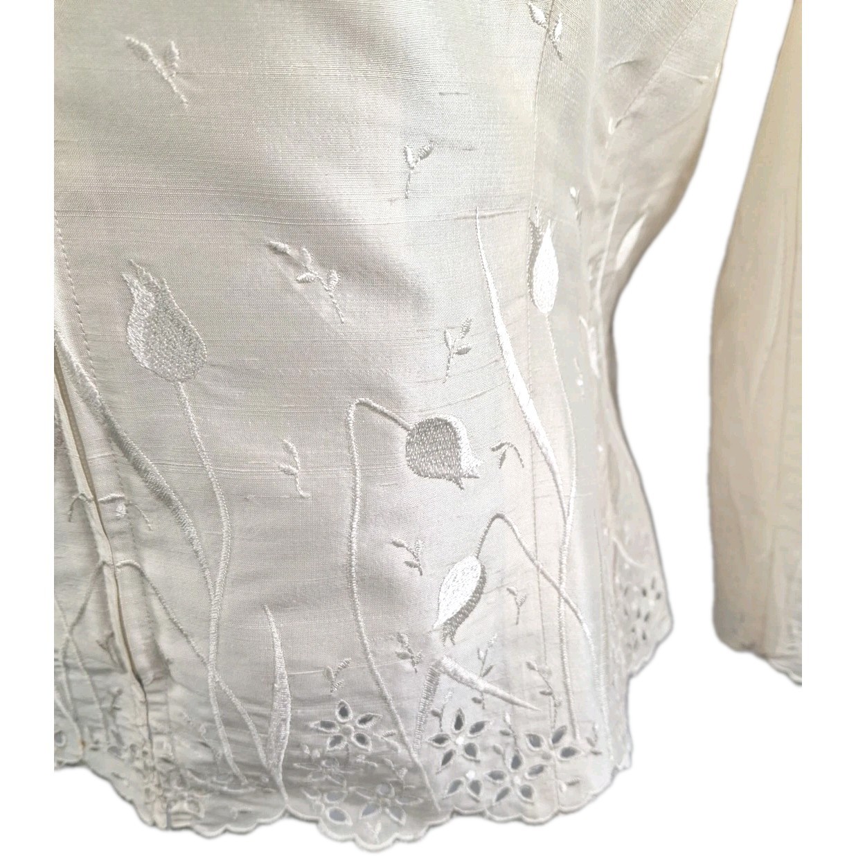 VTG Cachet Ivory Evening Jacket Sz 12 100% Silk Embroidered Zip Front 3/4 Sleeve