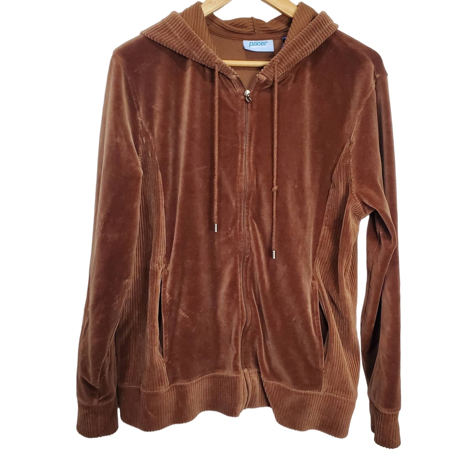 Karen Scott Vintage Zip Up Hoodie Womens Large Velour Brown Hooded 90s Retro Y2K