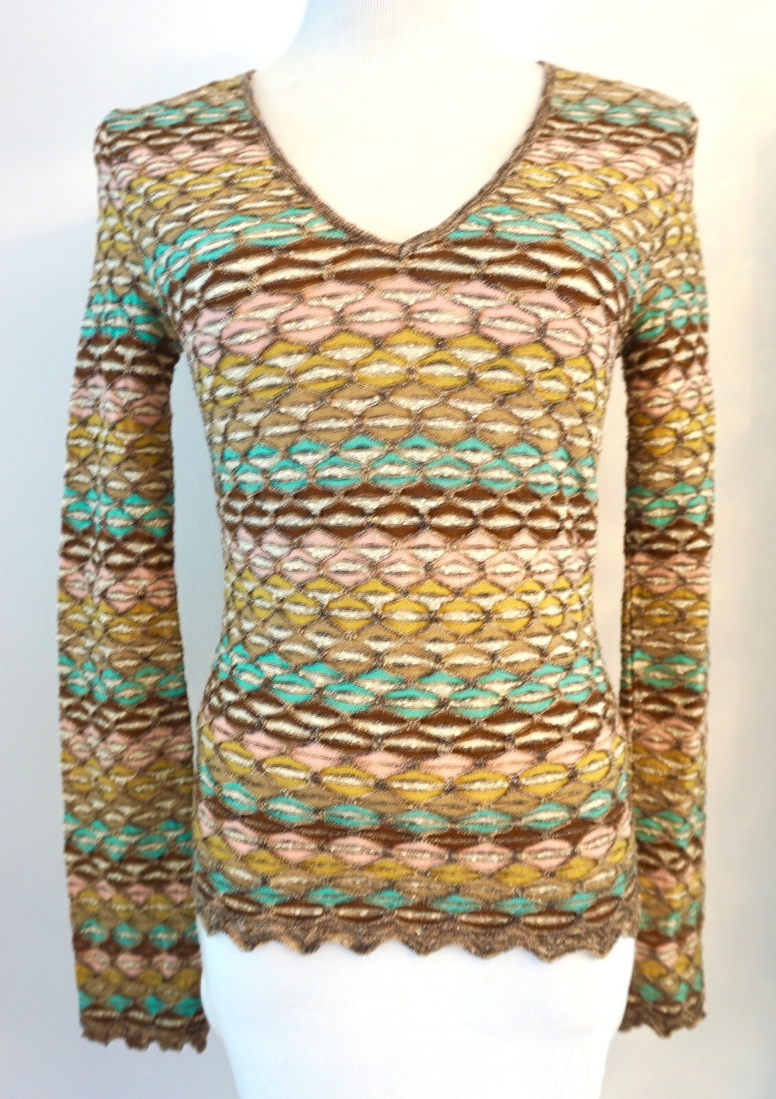 Vtg 70s MISSONI Multicolor Metallic Stretch LS Top w/Zigzag Hem – Sz S/40