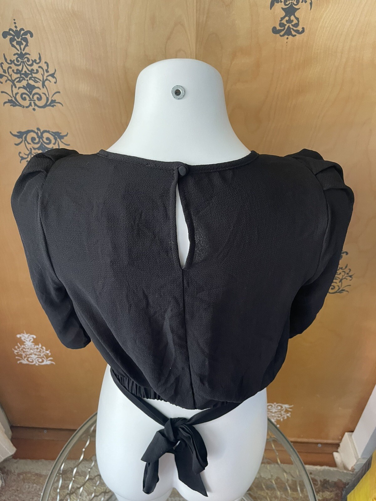 NWT Y2K 2000 Peplum Blouse Crop Top 1/2 Sleeve Adjustable Tie Strings Black S/M