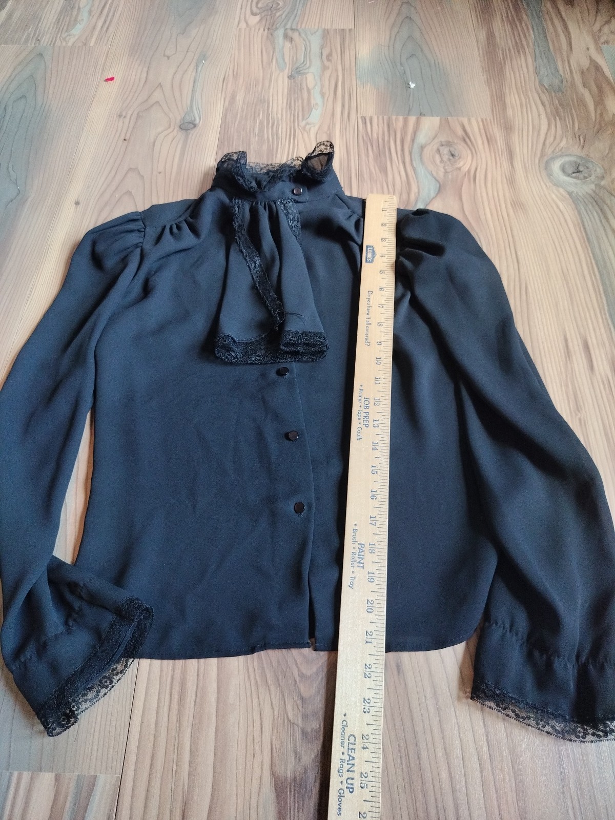 VTG Sauci Black Sheer Blouse High Neck Lace Trim Victorian Prairie Blouse Top M