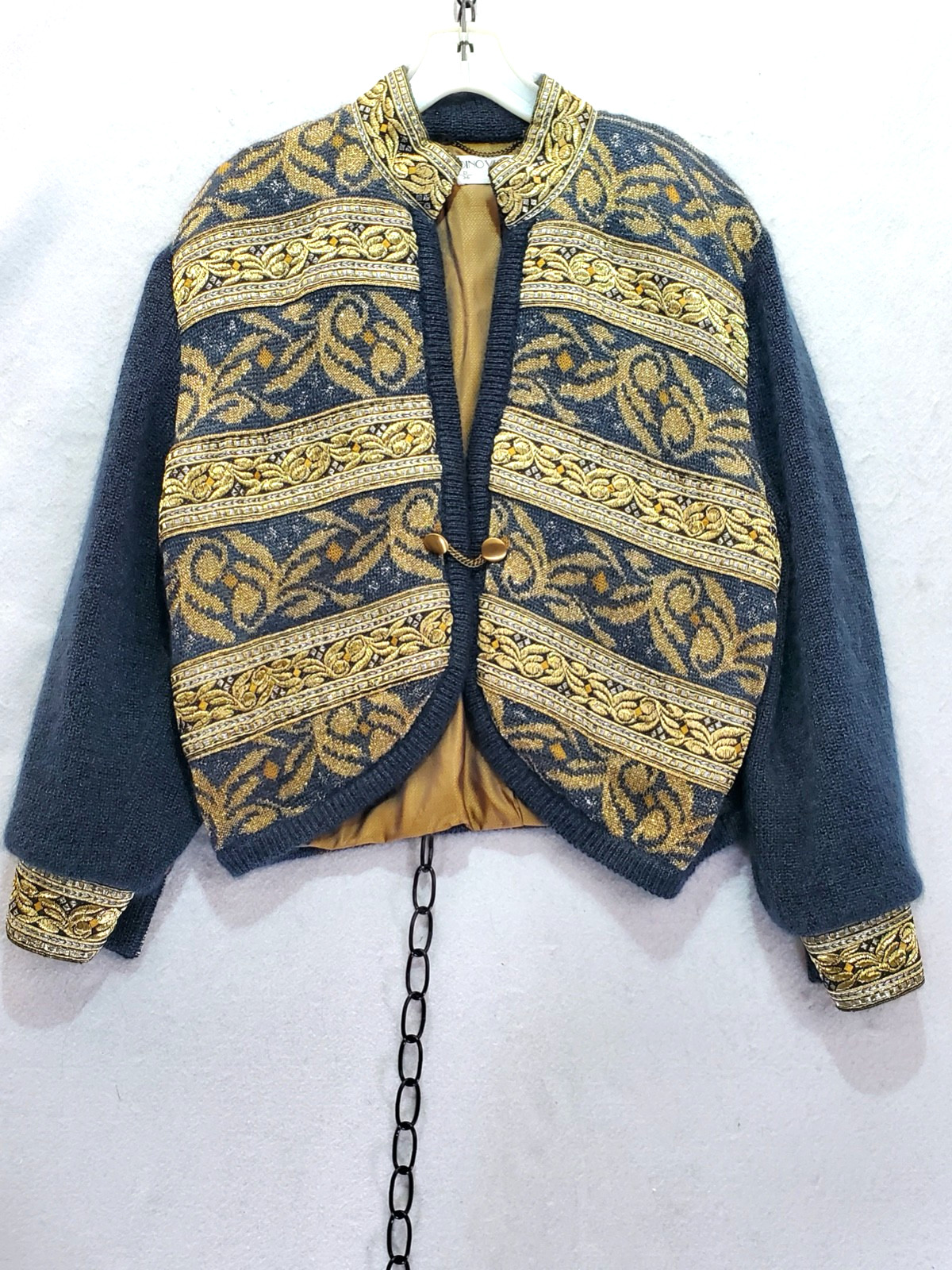 90s Dino Valiano Brocade Knit Mohair Rayon Grey Waist Jacket W Germany Sz12